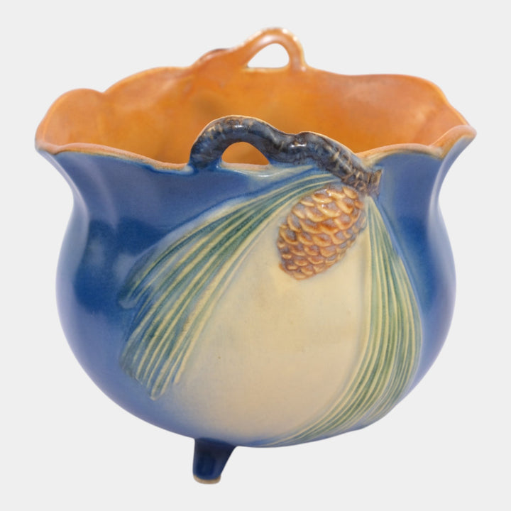 Roseville Pine Cone Blue 1953 Art Deco Three Footed Planter Vase 458F-5 - Just Art Pottery