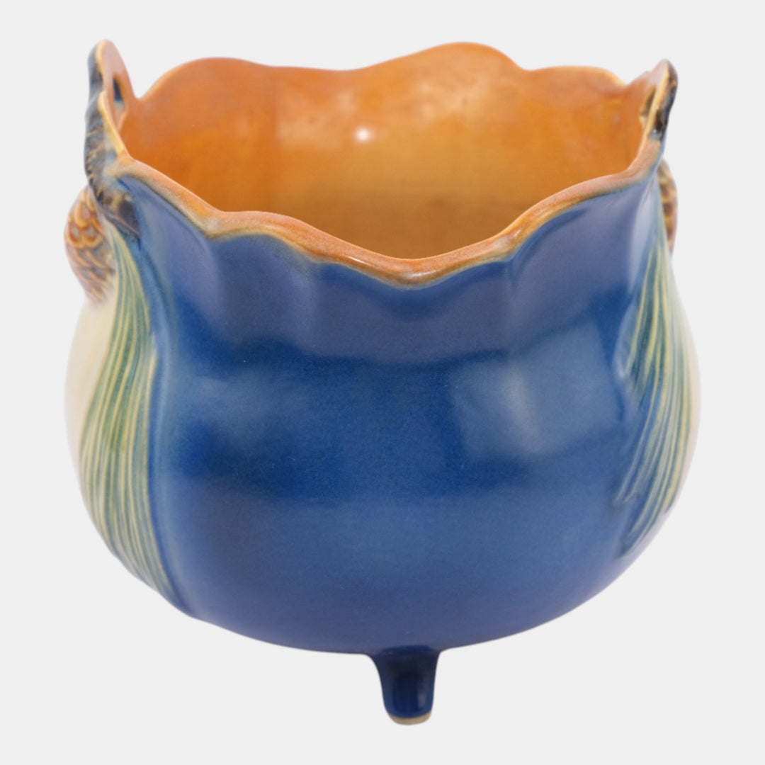 Roseville Pine Cone Blue 1953 Art Deco Three Footed Planter Vase 458F-5 - Just Art Pottery