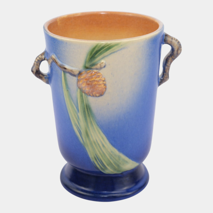 Roseville Pine Cone 1935 Vintage Art Pottery Blue Ceramic Vase 704-7 - Just Art Pottery