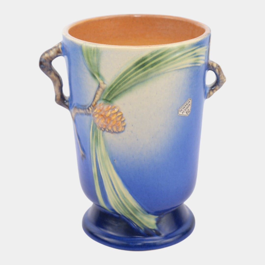 Roseville Pine Cone 1935 Vintage Art Pottery Blue Ceramic Vase 704-7 - Just Art Pottery
