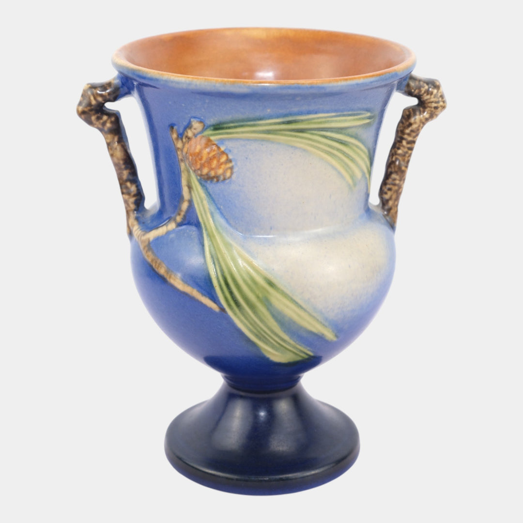 Roseville Pine Cone Blue 1936 Vintage Art Pottery Ceramic Handled Vase 908-8 - Just Art Pottery