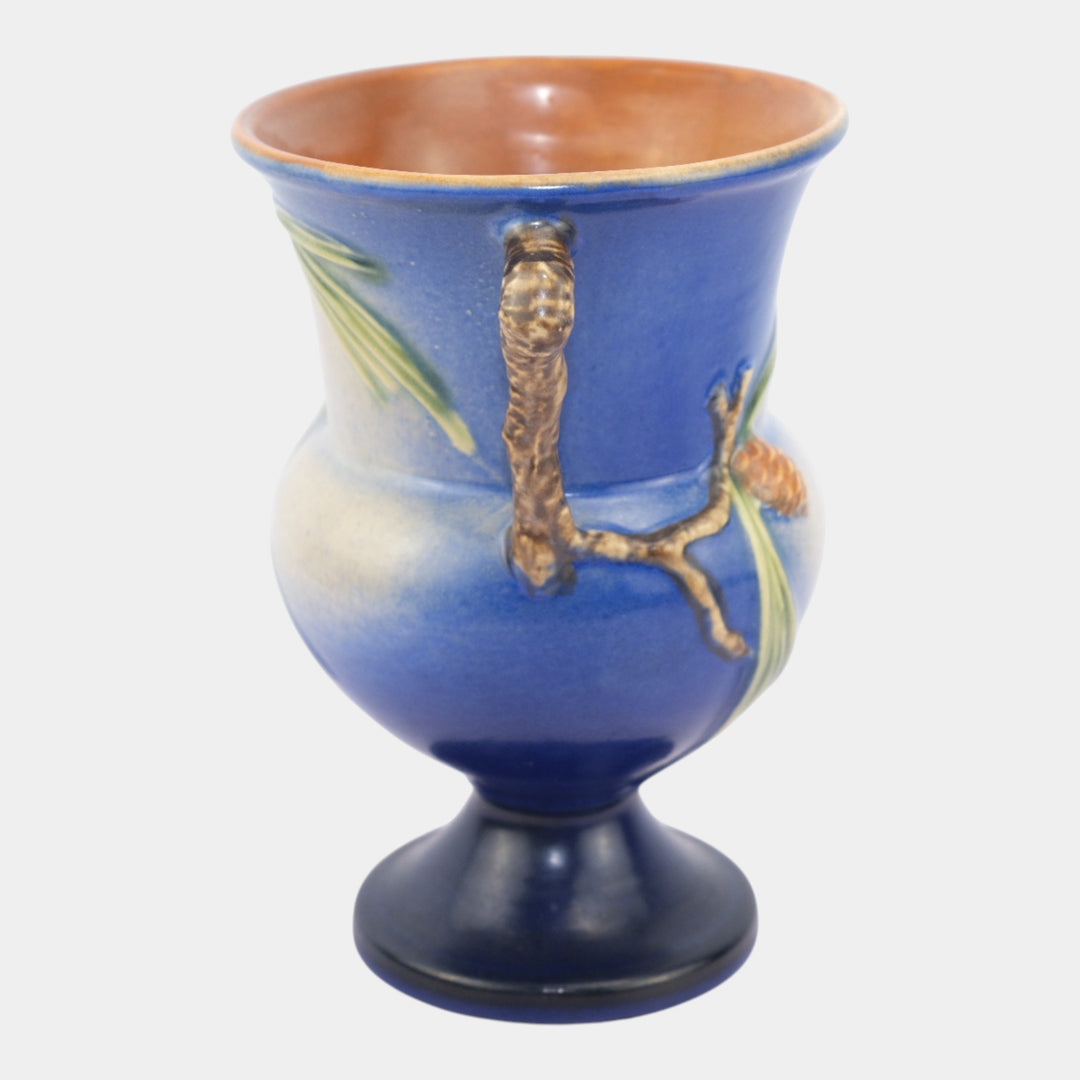 Roseville Pine Cone Blue 1936 Vintage Art Pottery Ceramic Handled Vase 908-8 - Just Art Pottery