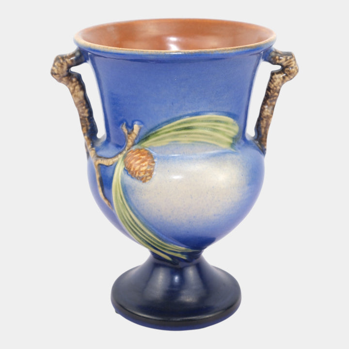 Roseville Pine Cone Blue 1936 Vintage Art Pottery Ceramic Handled Vase 908-8 - Just Art Pottery
