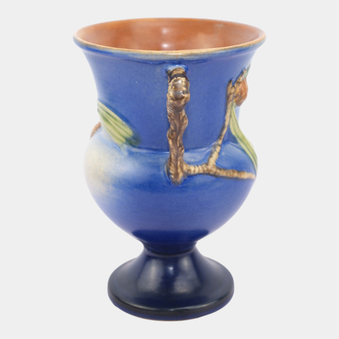 Roseville Pine Cone Blue 1936 Vintage Art Pottery Ceramic Handled Vase 908-8 - Just Art Pottery