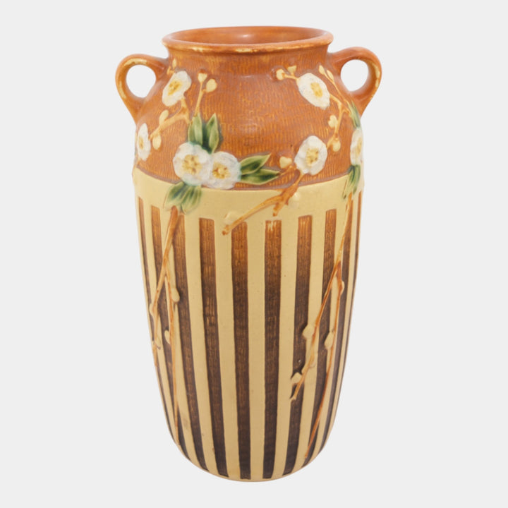 Roseville Cherry Blossom Tan 1933 Vintage Pottery Ceramic Flower Vase 627-12 - Just Art Pottery