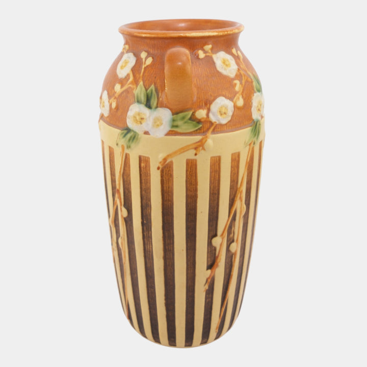 Roseville Cherry Blossom Tan 1933 Vintage Pottery Ceramic Flower Vase 627-12 - Just Art Pottery