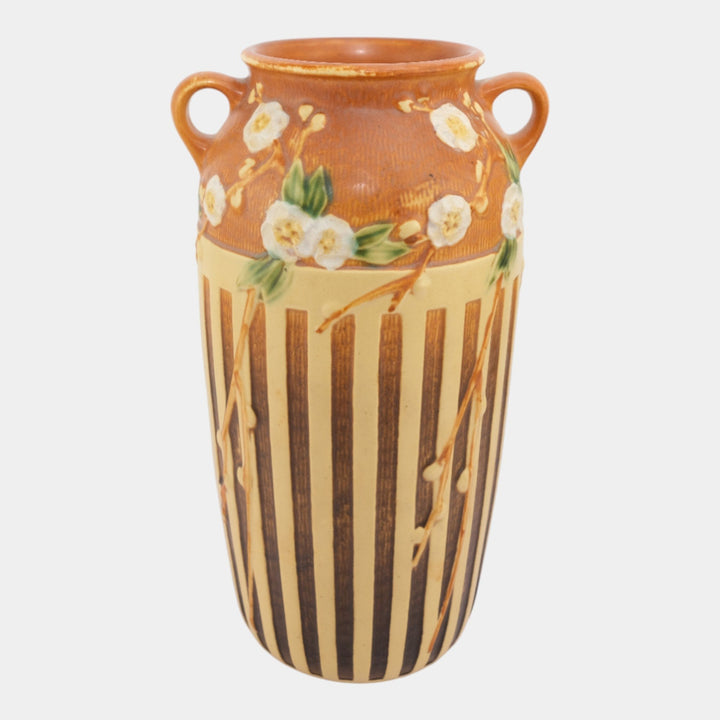 Roseville Cherry Blossom Tan 1933 Vintage Pottery Ceramic Flower Vase 627-12 - Just Art Pottery