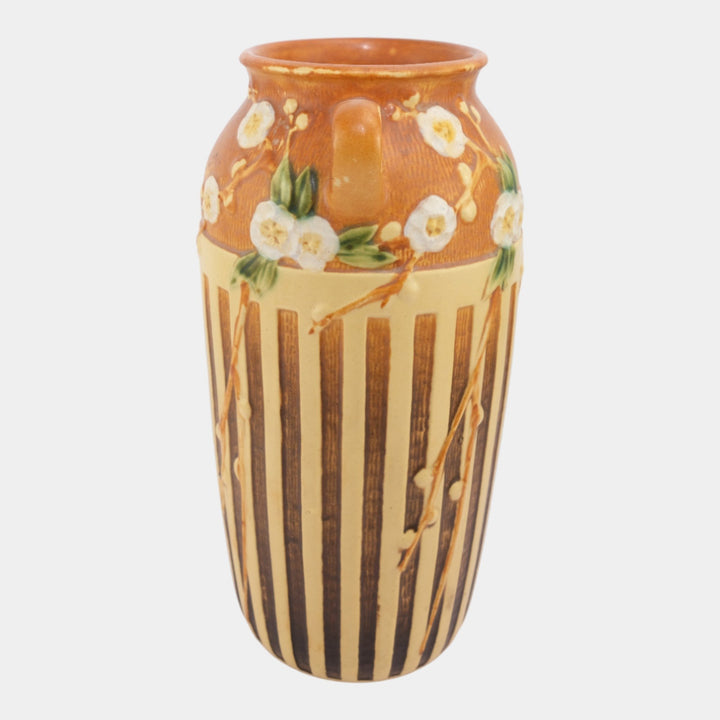 Roseville Cherry Blossom Tan 1933 Vintage Pottery Ceramic Flower Vase 627-12 - Just Art Pottery