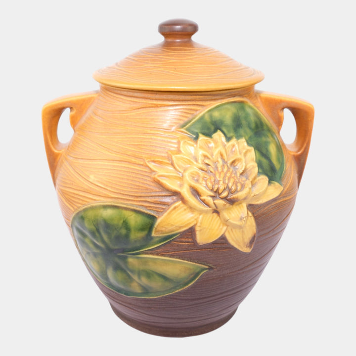 Roseville Water Lily Brown 1943 Mid Century Modern Art Pottery Cookie Jar 1-8