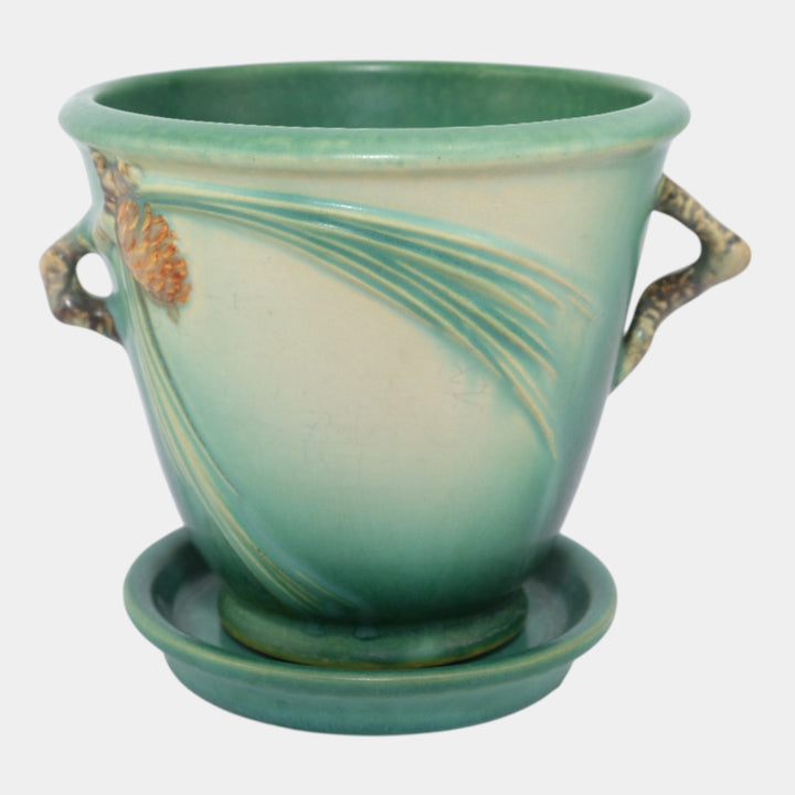 Roseville Pine Cone Green 1936 Vintage Art Pottery Flower Pot And Saucer 633-5