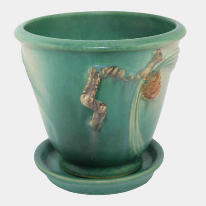Roseville Pine Cone Green 1936 Vintage Art Pottery Flower Pot And Saucer 633-5