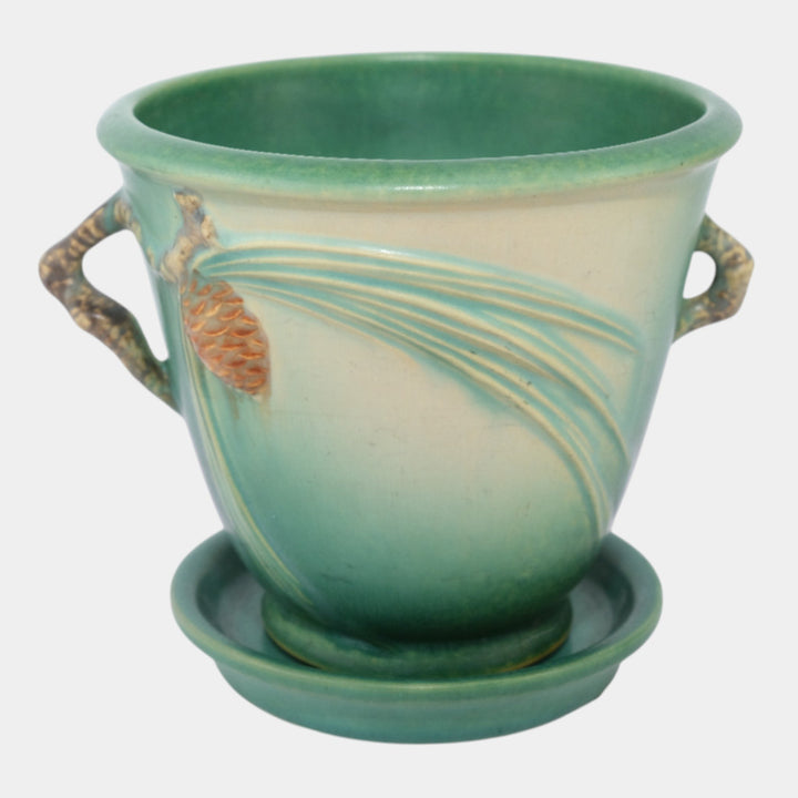 Roseville Pine Cone Green 1936 Vintage Art Pottery Flower Pot And Saucer 633-5