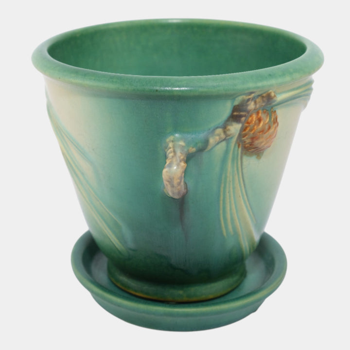 Roseville Pine Cone Green 1936 Vintage Art Pottery Flower Pot And Saucer 633-5