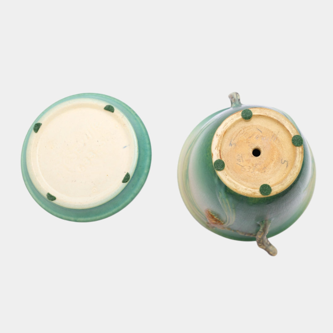 Roseville Pine Cone Green 1936 Vintage Art Pottery Flower Pot And Saucer 633-5