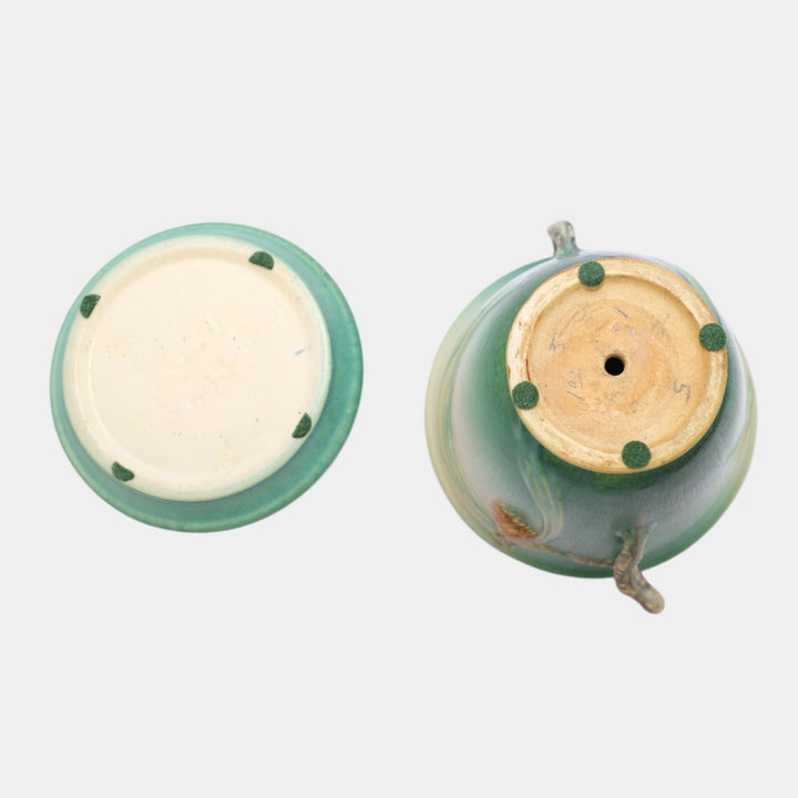 Roseville Pine Cone Green 1936 Vintage Art Pottery Flower Pot And Saucer 633-5