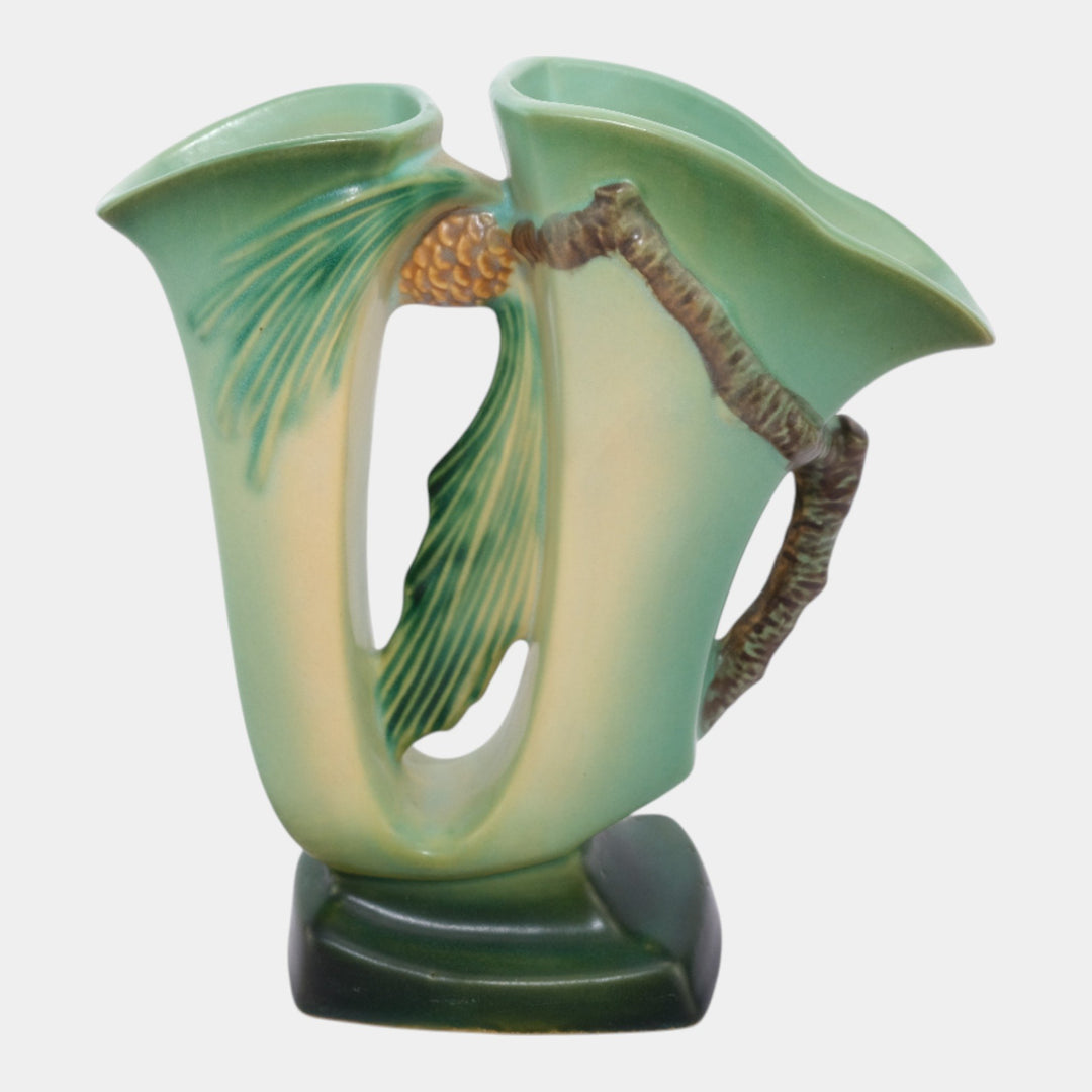 Roseville Pine Cone Green 1953 Vintage Art Pottery Ceramic Double Bud Vase 473-8 - Just Art Pottery