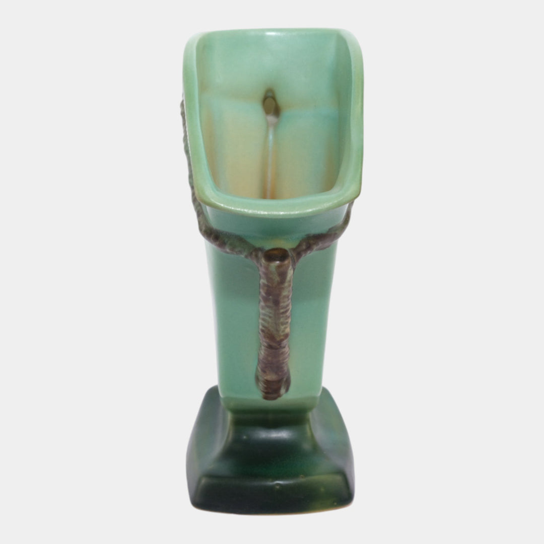 Roseville Pine Cone Green 1953 Vintage Art Pottery Ceramic Double Bud Vase 473-8 - Just Art Pottery