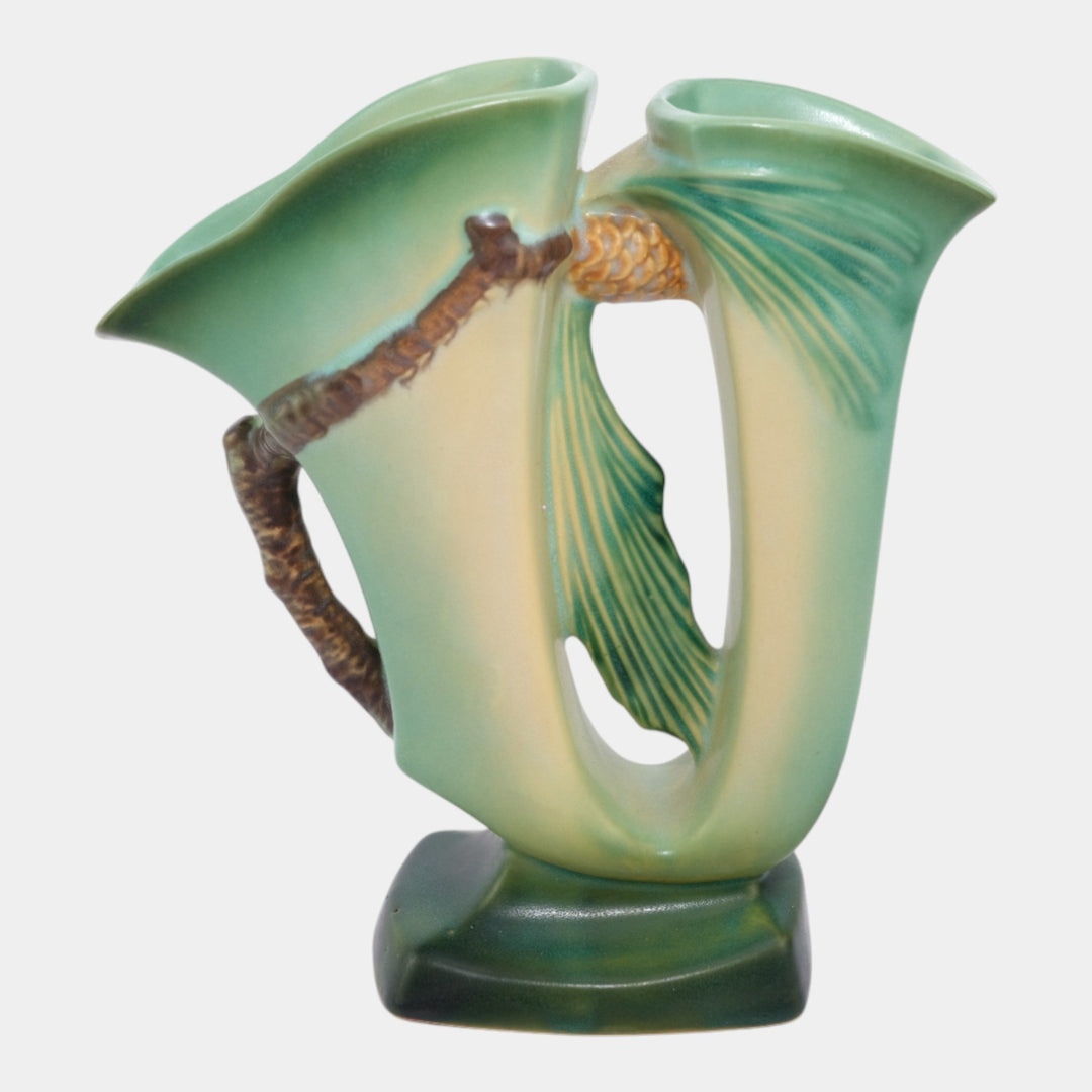 Roseville Pine Cone Green 1953 Vintage Art Pottery Ceramic Double Bud Vase 473-8 - Just Art Pottery