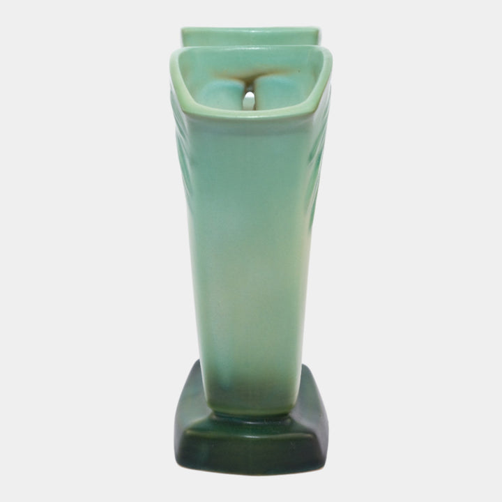 Roseville Pine Cone Green 1953 Vintage Art Pottery Ceramic Double Bud Vase 473-8 - Just Art Pottery
