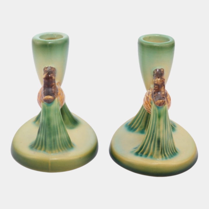 Roseville Pine Cone Green 1953 Vintage Art Pottery Ceramic Candle Holders 451-4