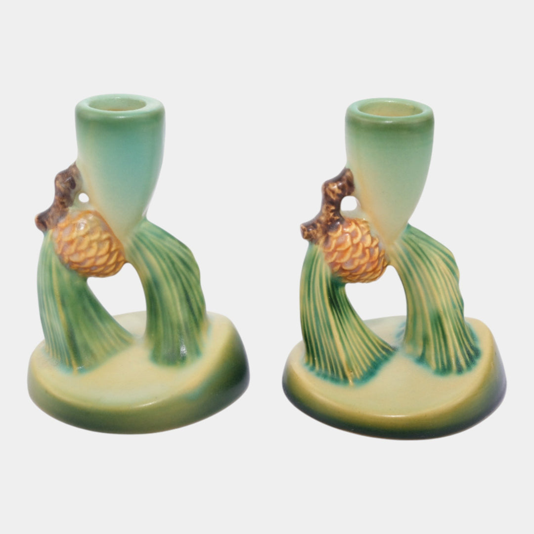 Roseville Pine Cone Green 1953 Vintage Art Pottery Ceramic Candle Holders 451-4