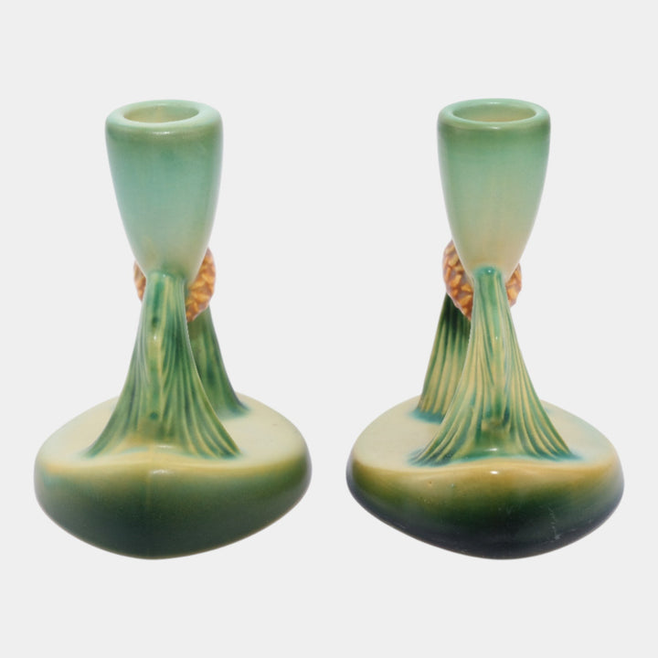 Roseville Pine Cone Green 1953 Vintage Art Pottery Ceramic Candle Holders 451-4