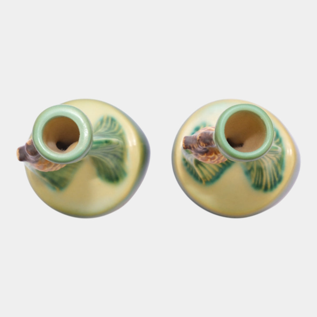 Roseville Pine Cone Green 1953 Vintage Art Pottery Ceramic Candle Holders 451-4