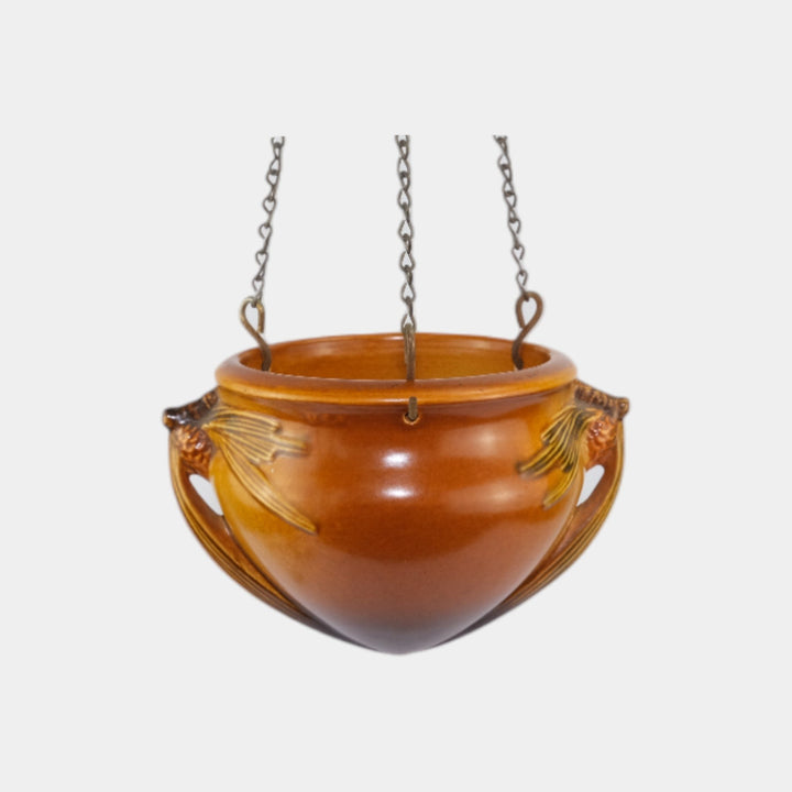 Roseville Pine Cone Brown 1935 Vintage Art Pottery Hanging Basket Planter 351 - Just Art Pottery