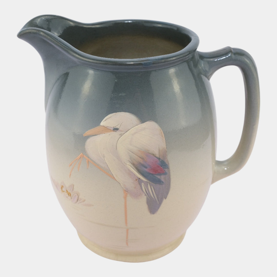 Weller Eocean 1898-1918 Antique Art Pottery Hand Painted Stork Ceramic Pitcher - Just Art Pottery