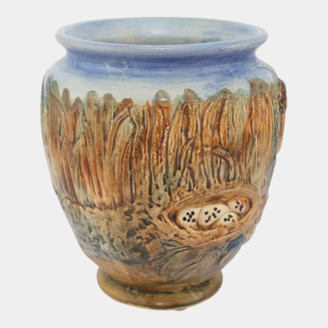Weller Glendale 1920s Vintage Art Pottery Bird With A Nest Ceramic Vase - Just Art Pottery
