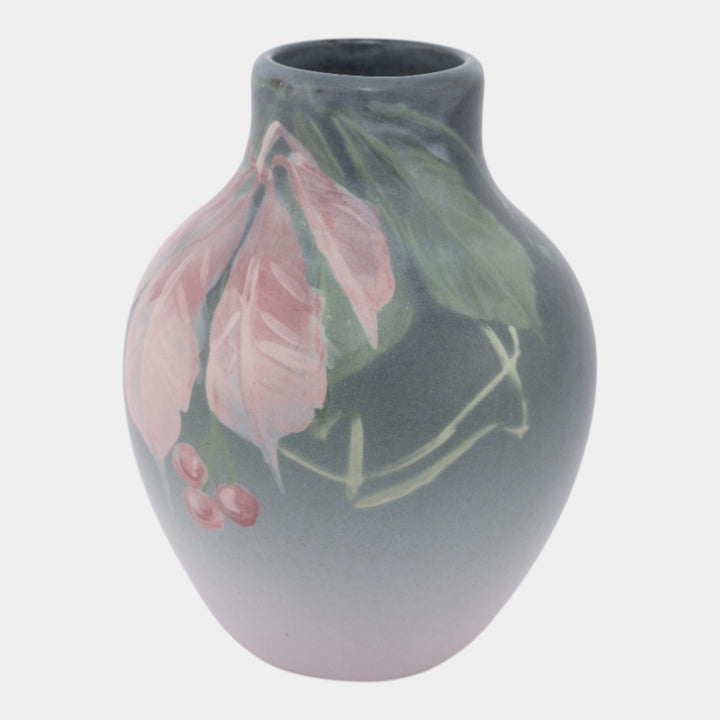 Weller Hudson 1920s Vintage Art Pottery Hand Painted Pink Floral Bottle Vase - Just Art Pottery