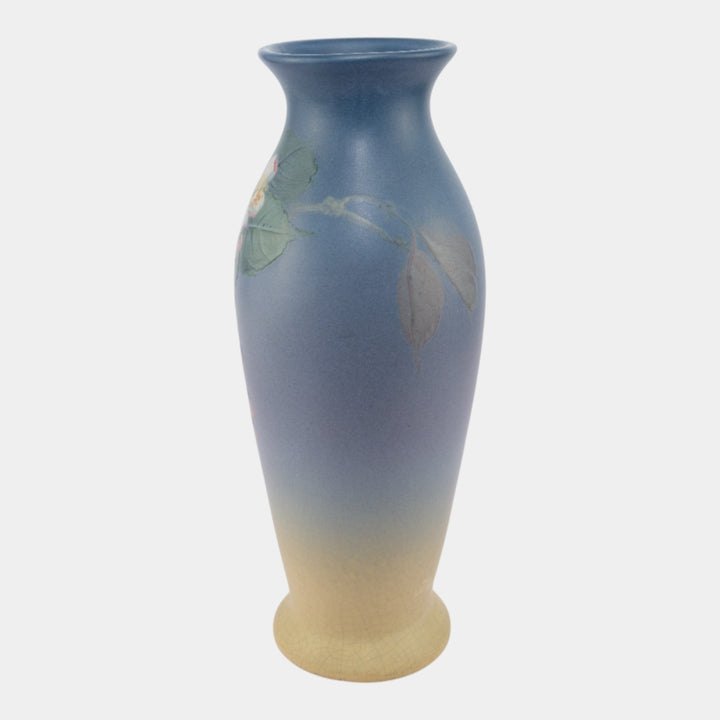 Weller Hudson 1920s Vintage Pottery Hand Painted Blue Floral Tall Vase McLaughlin - Just Art Pottery