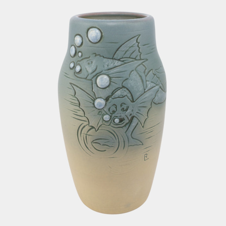 Weller Cameo Jewel Vintage Art Pottery Matte Glaze Fish Vase Rudolph Lorber - Just Art Pottery