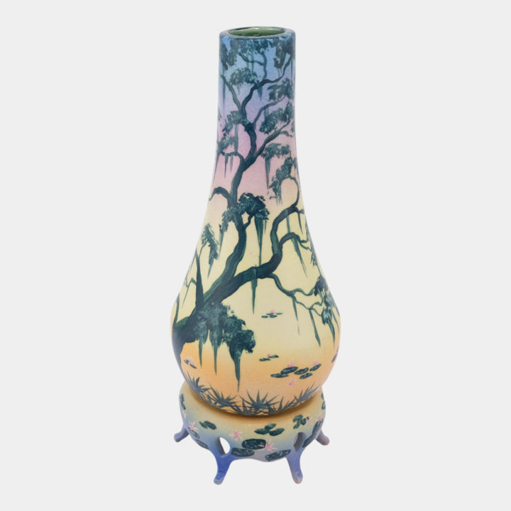 Florida Faience 2012 Vintage Art Pottery Scenic Pond Mossy Tree Vase And Stand