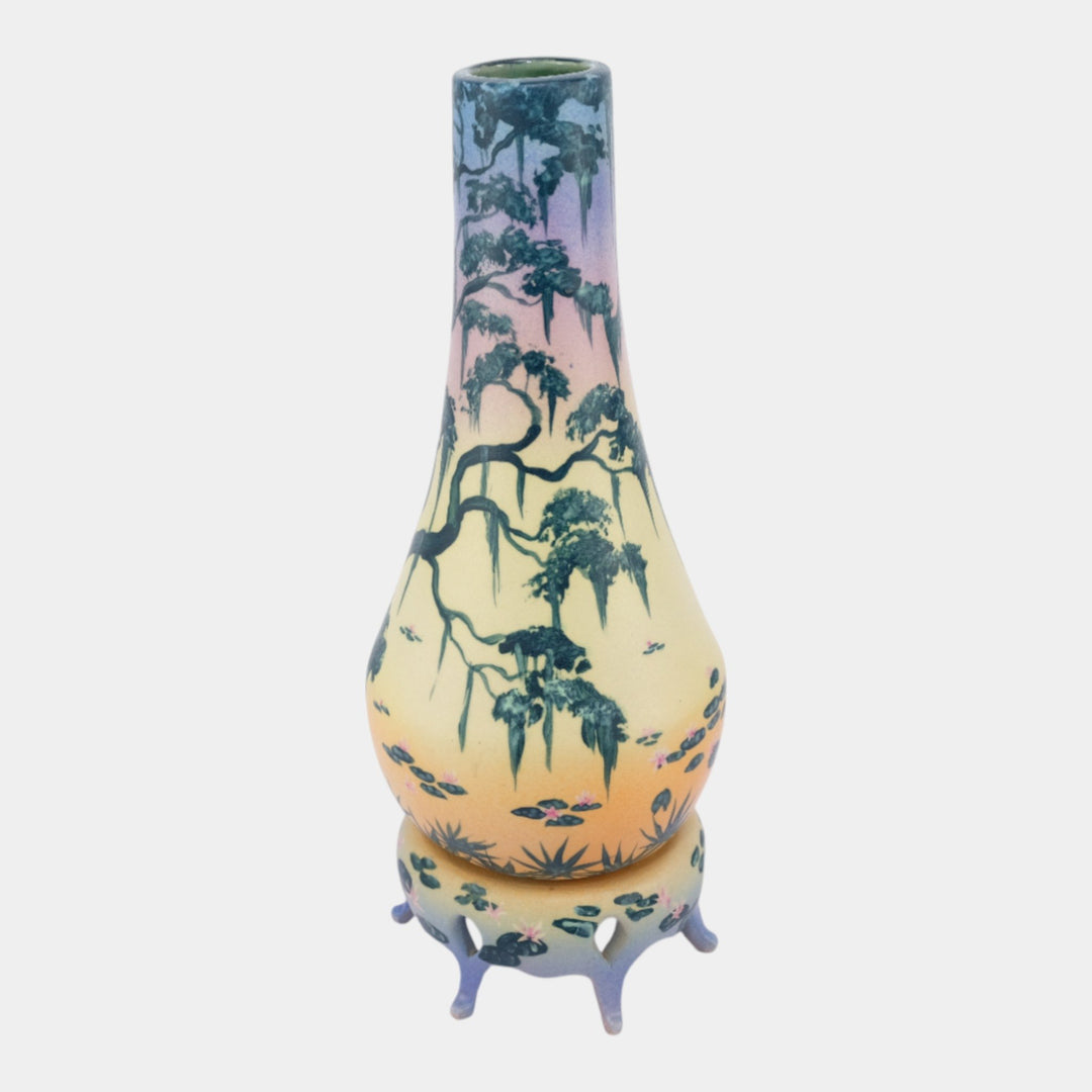 Florida Faience 2012 Vintage Art Pottery Scenic Pond Mossy Tree Vase And Stand