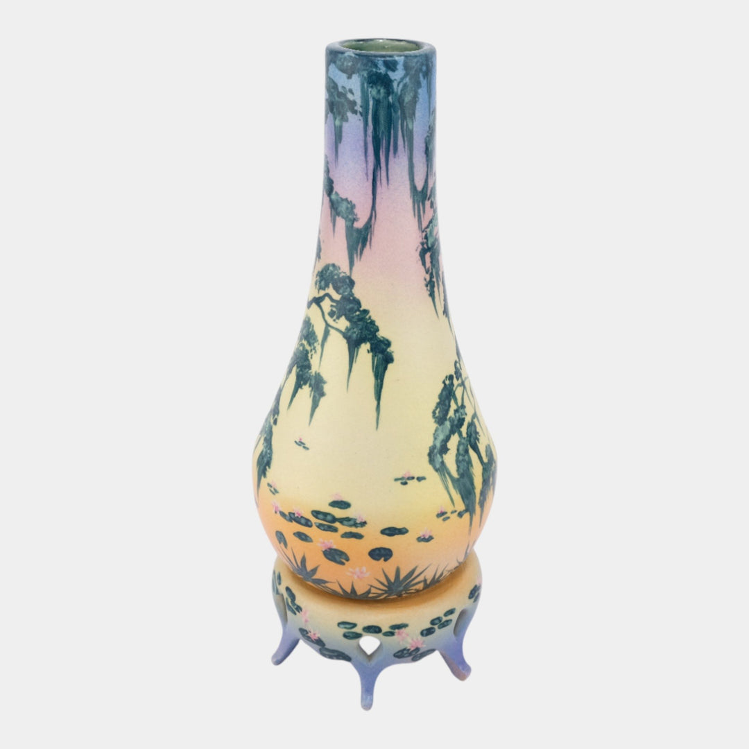 Florida Faience 2012 Vintage Art Pottery Scenic Pond Mossy Tree Vase And Stand