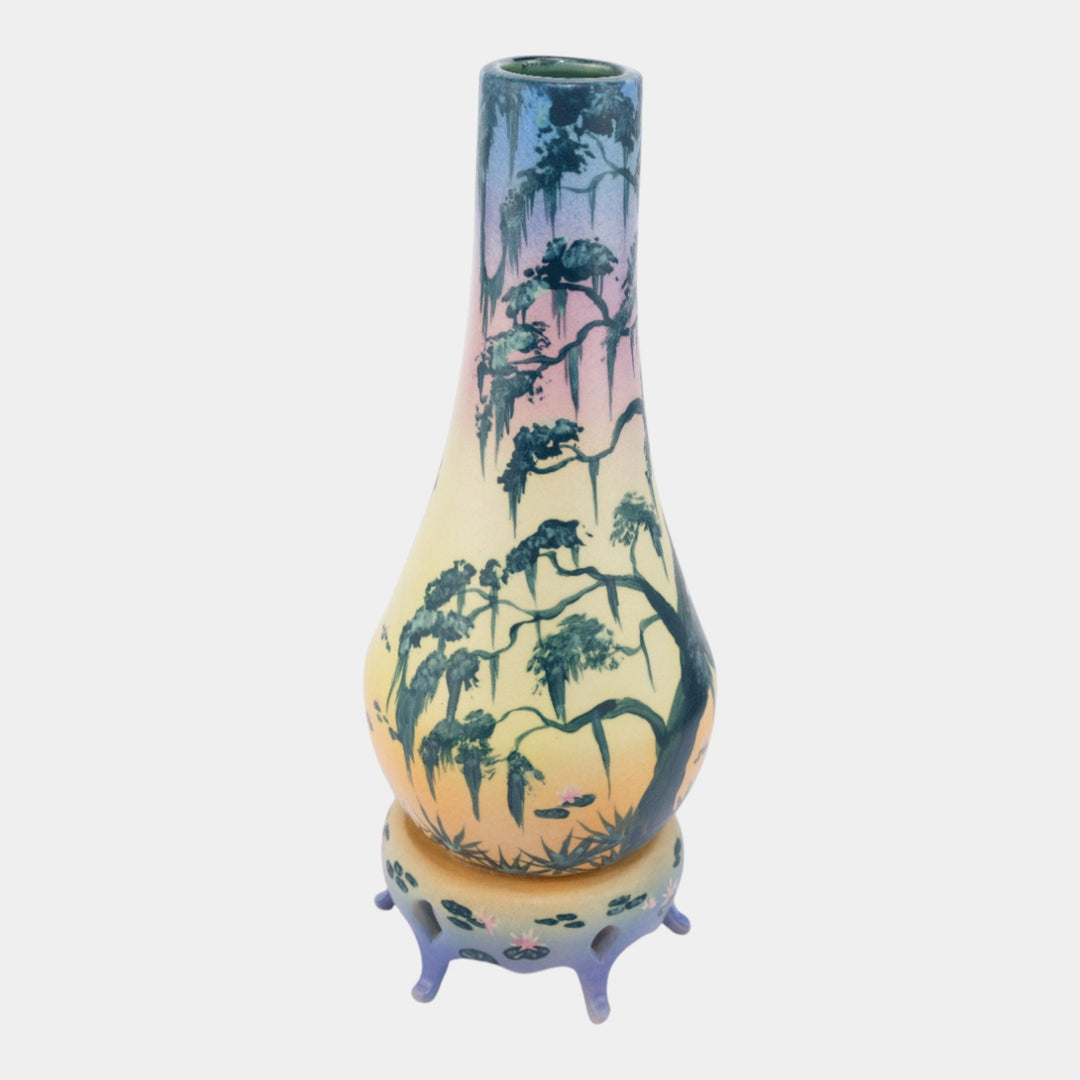 Florida Faience 2012 Vintage Art Pottery Scenic Pond Mossy Tree Vase And Stand