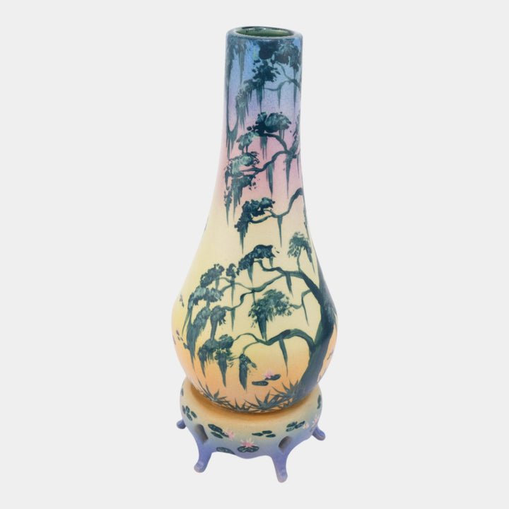 Florida Faience 2012 Vintage Art Pottery Scenic Pond Mossy Tree Vase And Stand