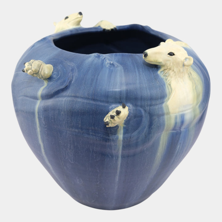 Ephraim Faience 2003 Show Vase Hand Pottery Blue Polar Bear Ceramic Vase