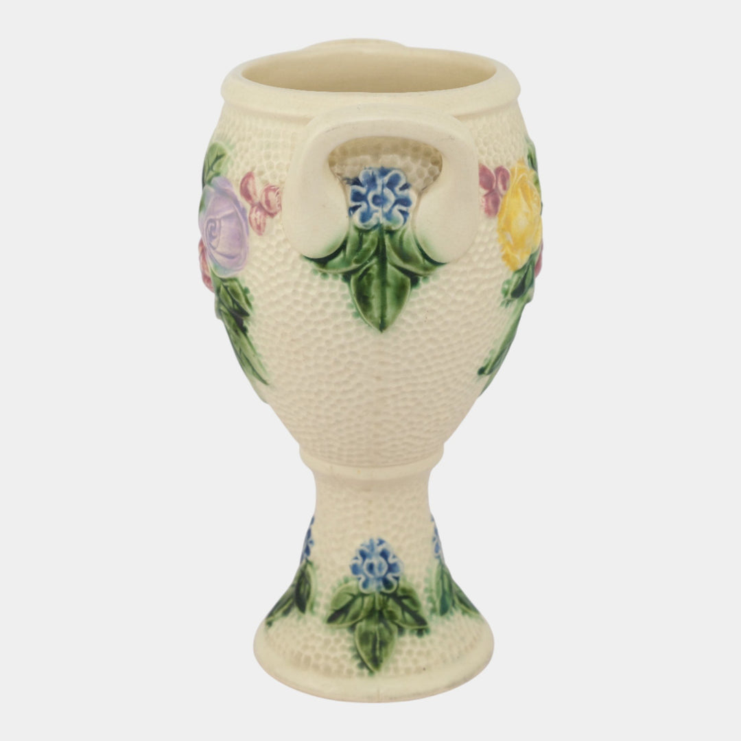 Roseville Rozane 1917 Vintage Art Pottery Ivory Floral Double Handle Urn Vase - Just Art Pottery
