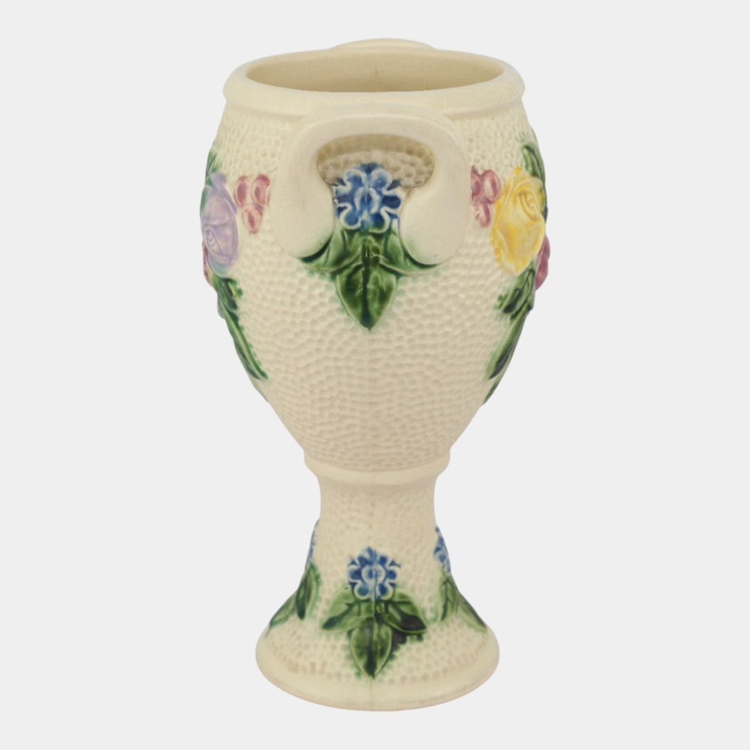 Roseville Rozane 1917 Vintage Art Pottery Ivory Floral Double Handle Urn Vase - Just Art Pottery