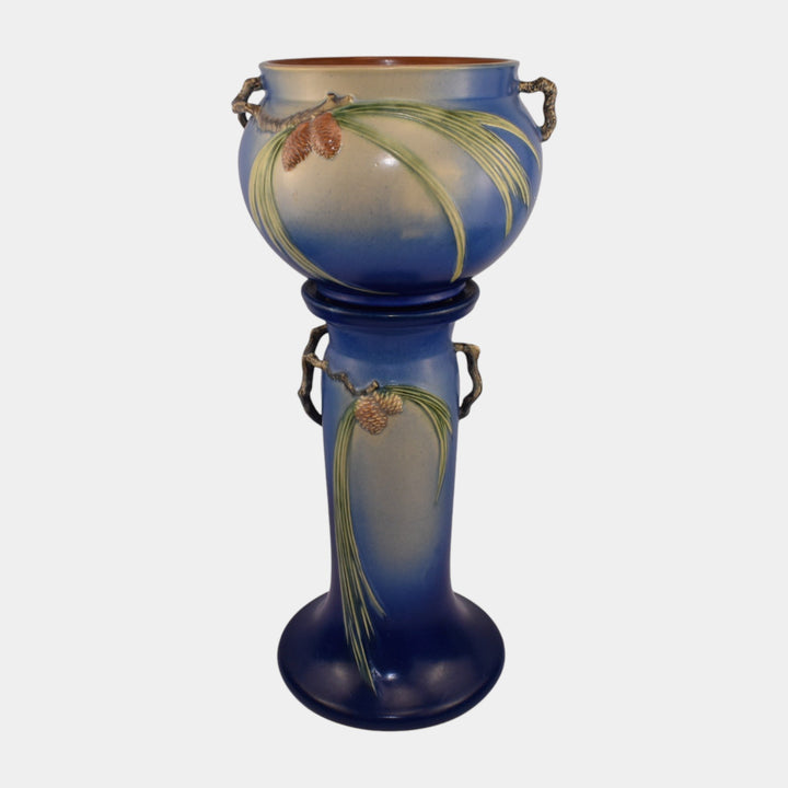 Roseville Pine Cone Blue 1936 Vintage Art Pottery Jardiniere and Pedestal 632-8