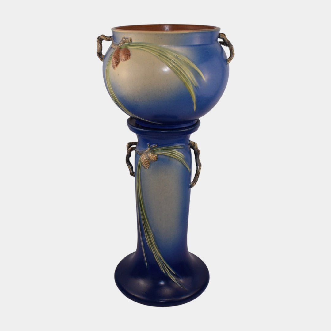 Roseville Pine Cone Blue 1936 Vintage Art Pottery Jardiniere and Pedestal 632-8
