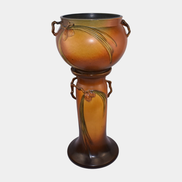 Roseville Pine Cone Brown 1936 Vintage Pottery Ceramic Jardiniere Pedestal 632-8