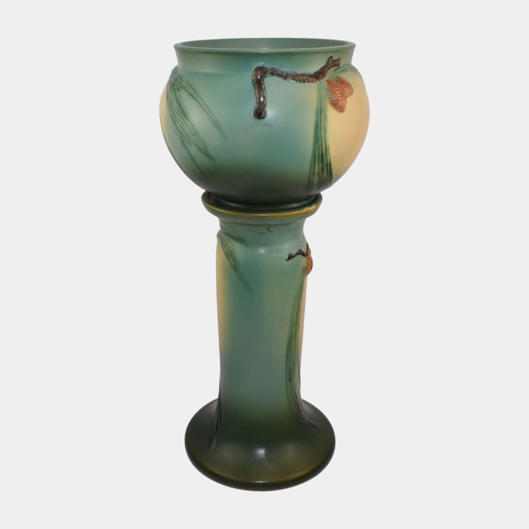 Roseville Pine Cone Green 1953 Art Pottery Ceramic Jardiniere And Pedestal 402-8