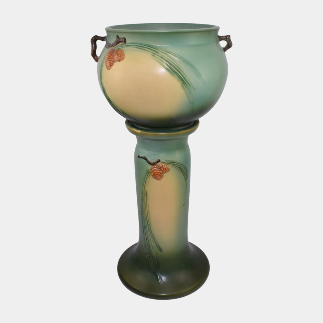 Roseville Pine Cone Green 1953 Art Pottery Ceramic Jardiniere And Pedestal 402-8