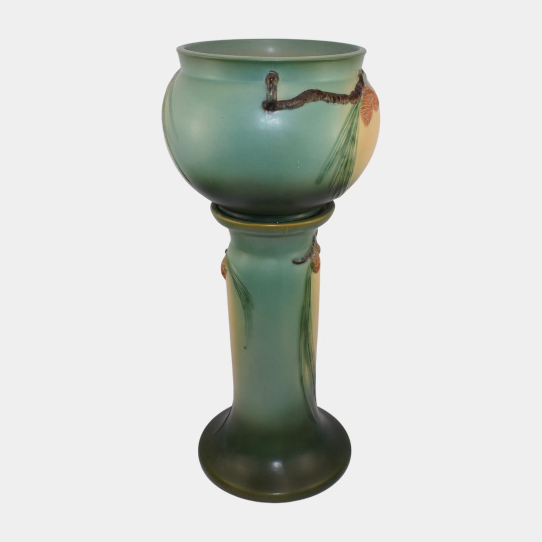 Roseville Pine Cone Green 1953 Art Pottery Ceramic Jardiniere And Pedestal 402-8