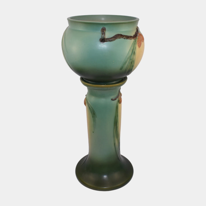 Roseville Pine Cone Green 1953 Art Pottery Ceramic Jardiniere And Pedestal 402-8