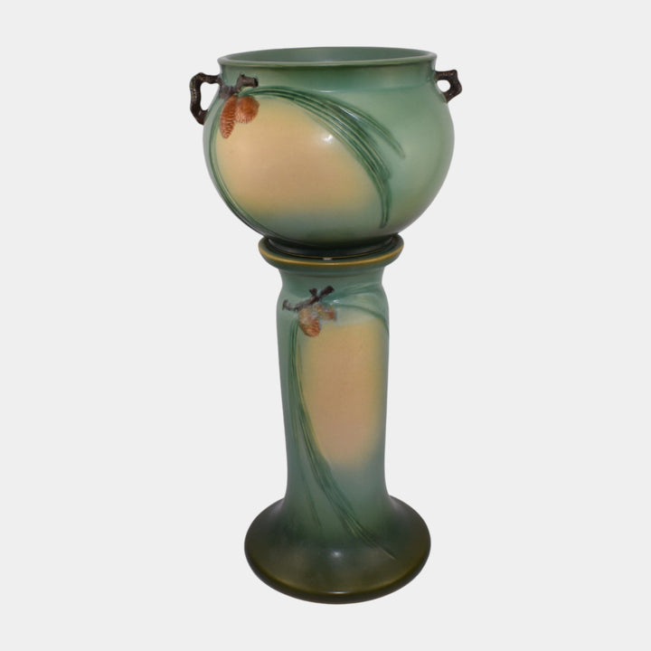 Roseville Pine Cone Green 1953 Art Pottery Ceramic Jardiniere And Pedestal 402-8