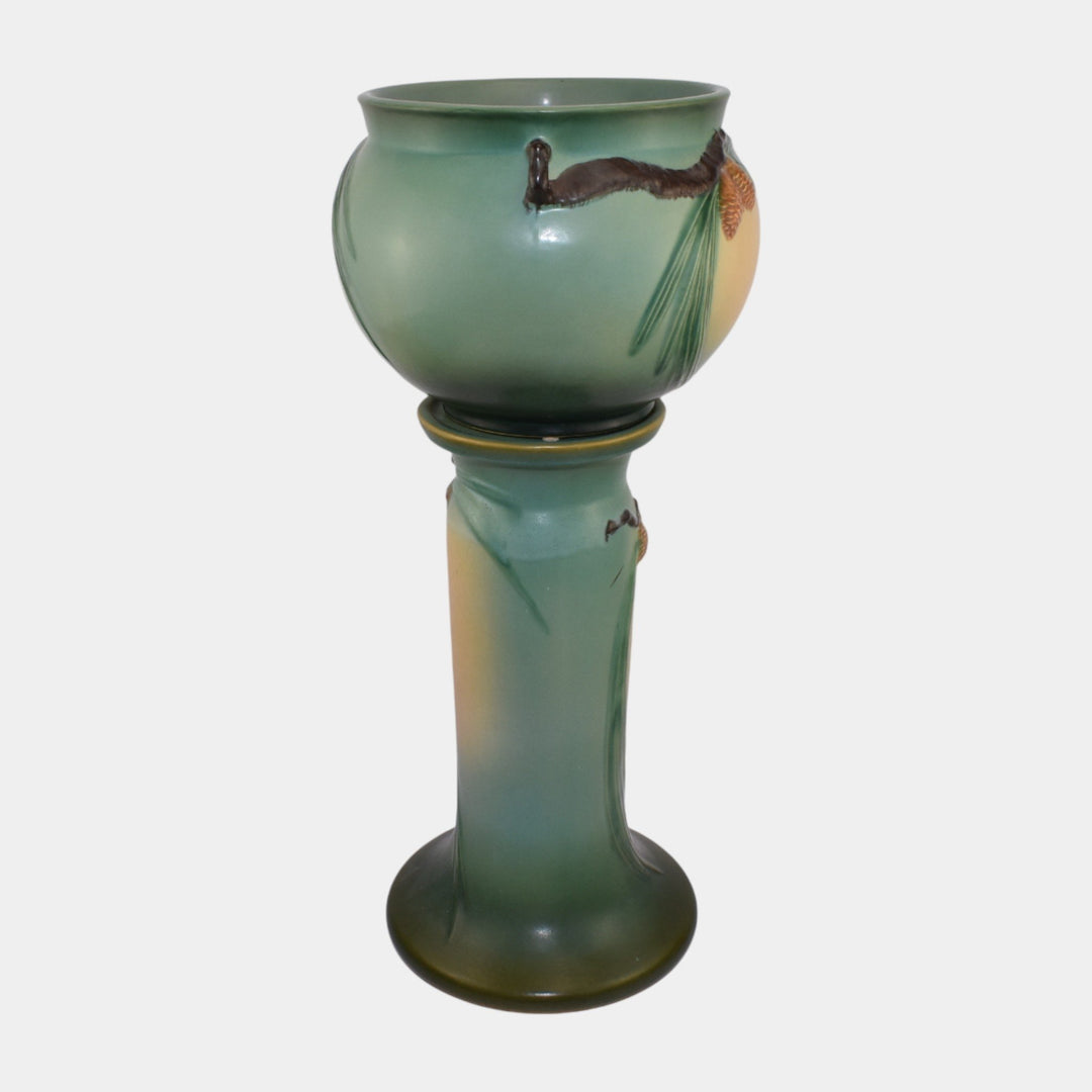 Roseville Pine Cone Green 1953 Art Pottery Ceramic Jardiniere And Pedestal 402-8